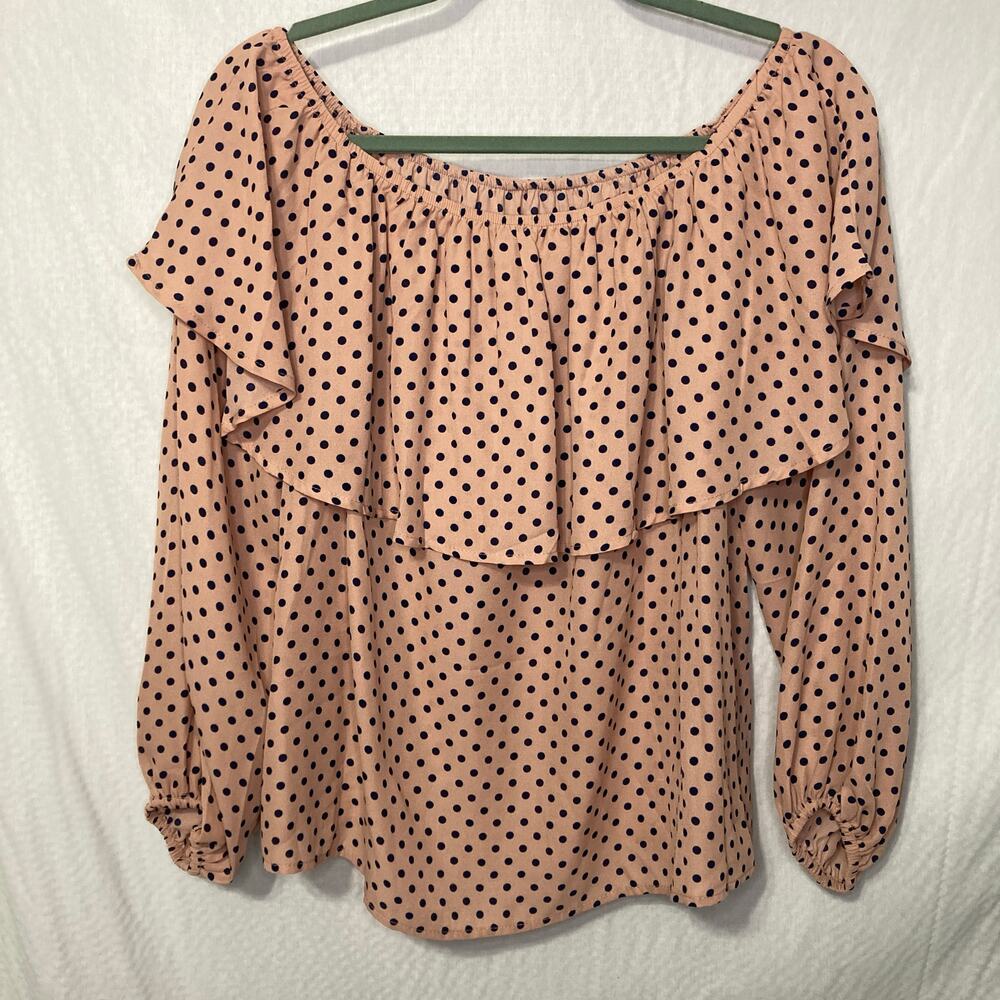 Women's Size Large Polka Dot Blouse with frilled off the shoulder neckline